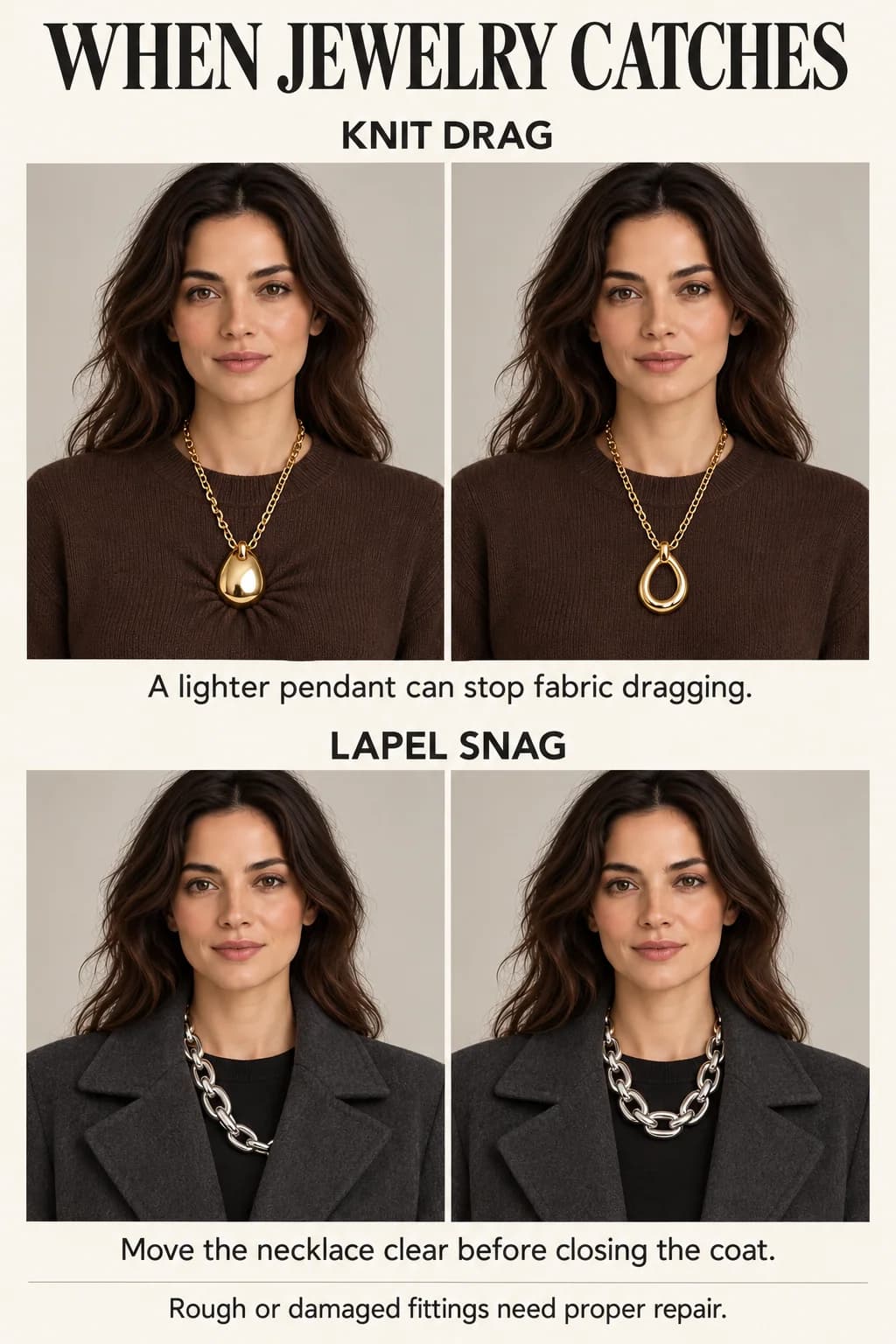 A lighter pendant stops pulling a fine knit, and a necklace is moved clear of a coat lapel to prevent snagging.