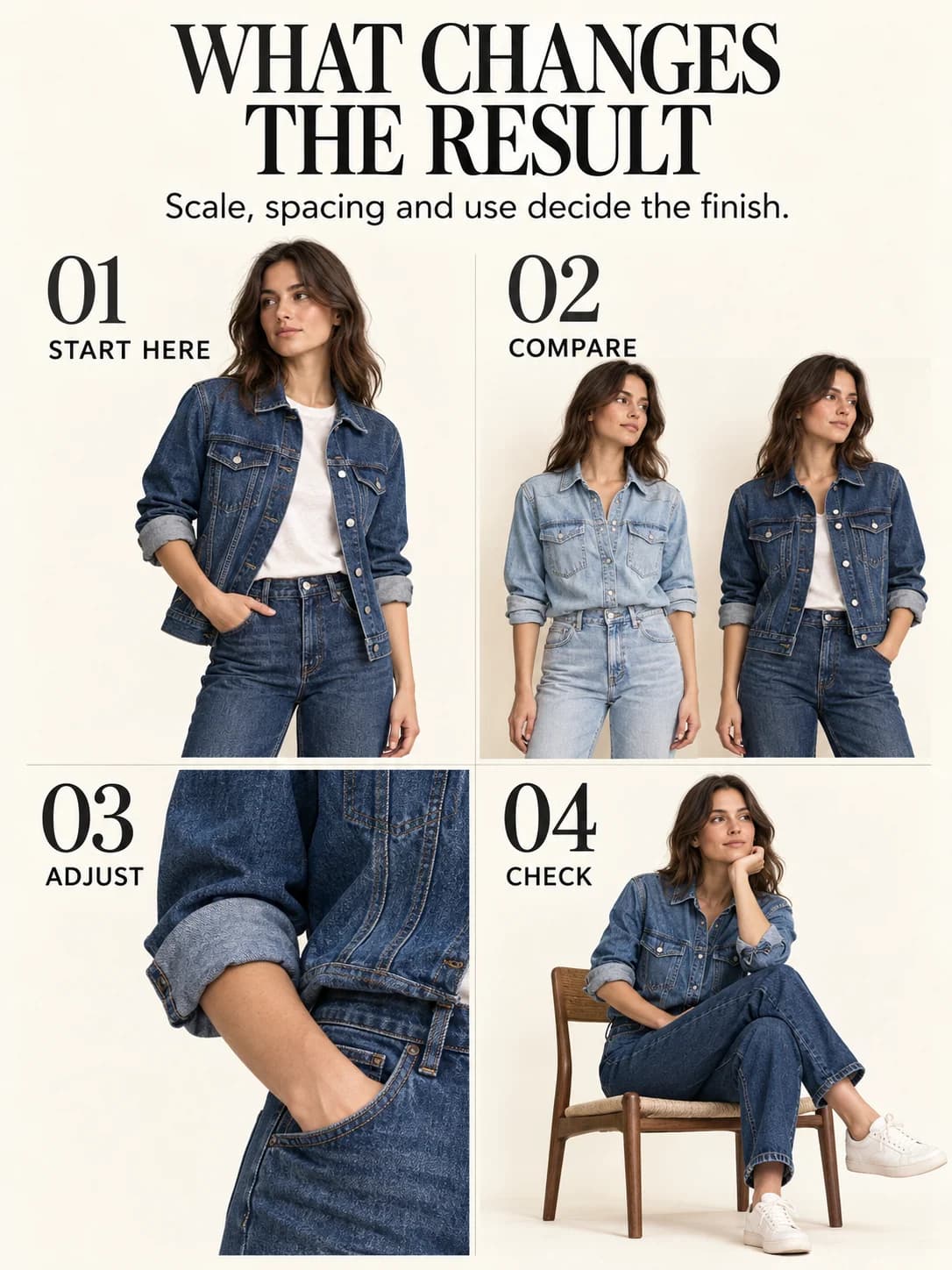 Educational guide for how to wear double denim: Scale, spacing and use decide the finish.