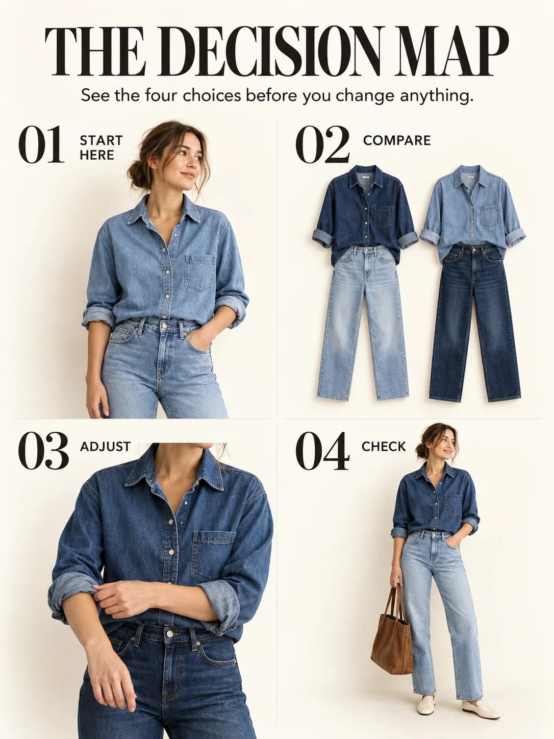 Educational guide for how to wear double denim: See the four choices before you change anything.