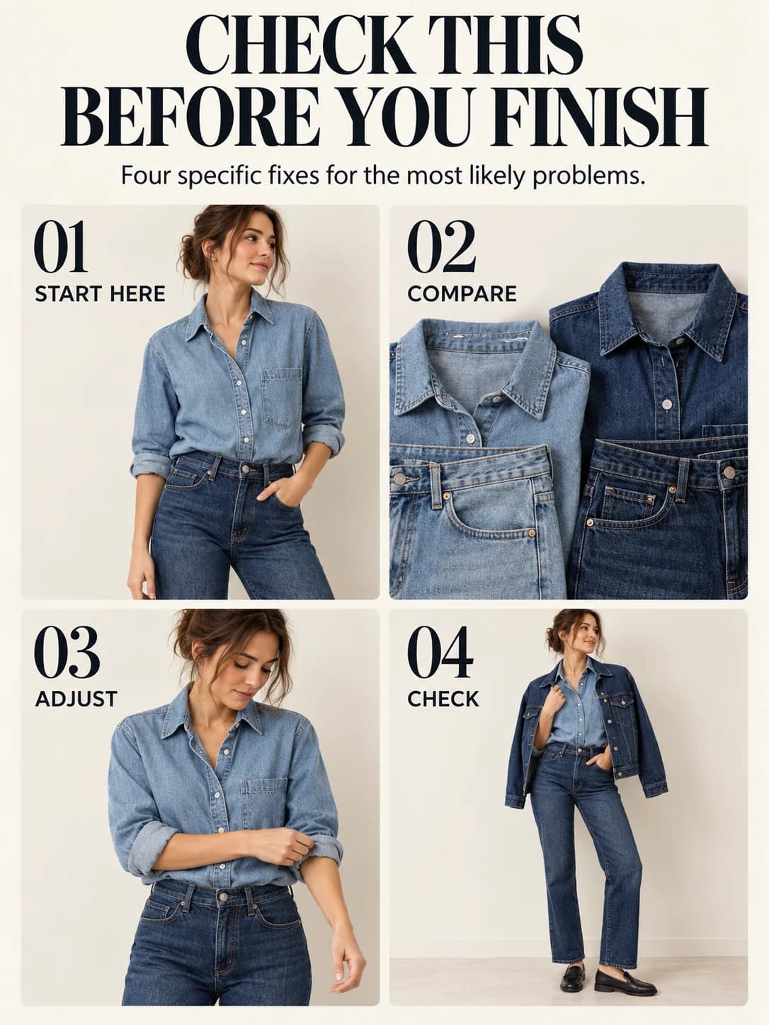 Educational guide for how to wear double denim: Four specific fixes for the most likely problems.
