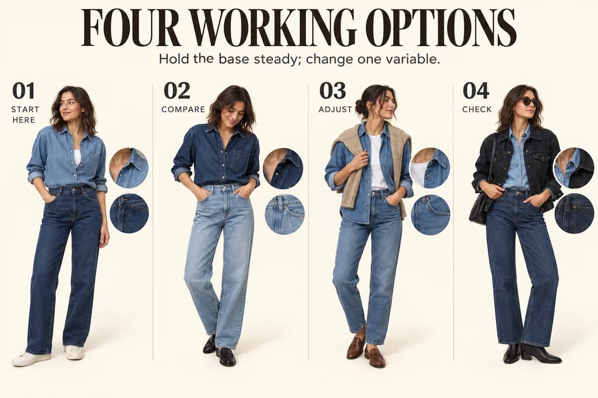 Educational guide for how to wear double denim: Hold the base steady; change one variable.