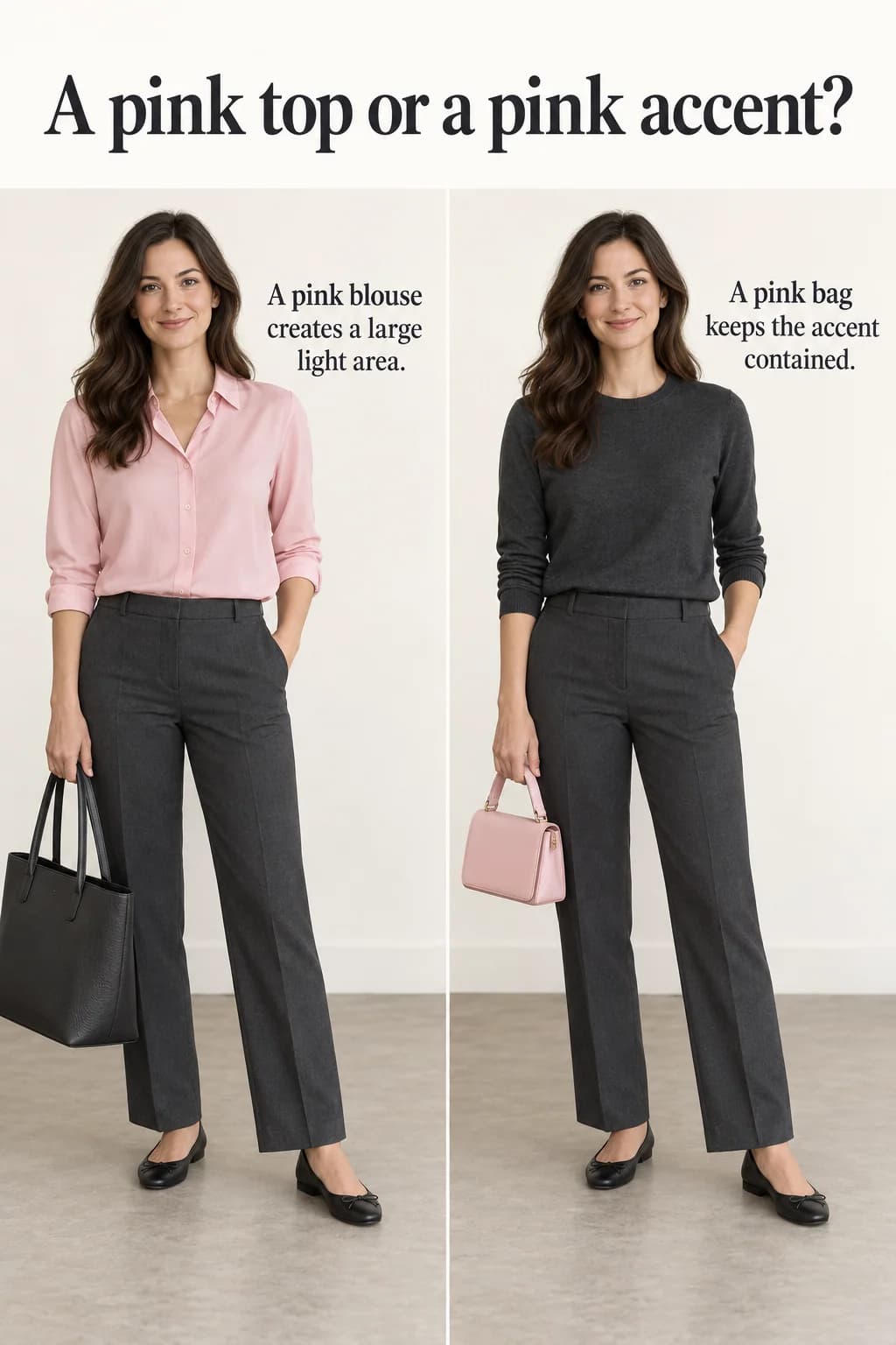 A pink blouse versus a small pink bag changes accent area while charcoal trousers remain fixed.