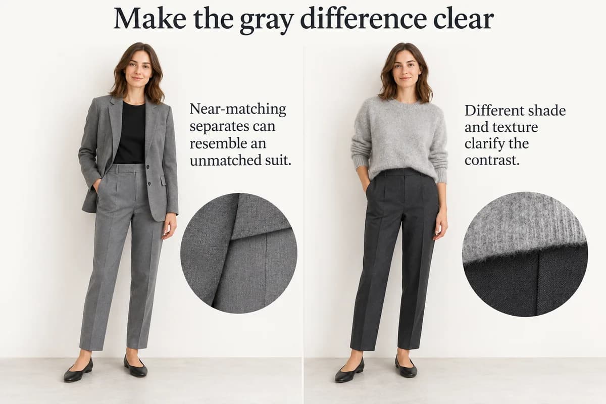 Near-matching gray tailoring is compared with a light textured knit and dark smooth trousers.