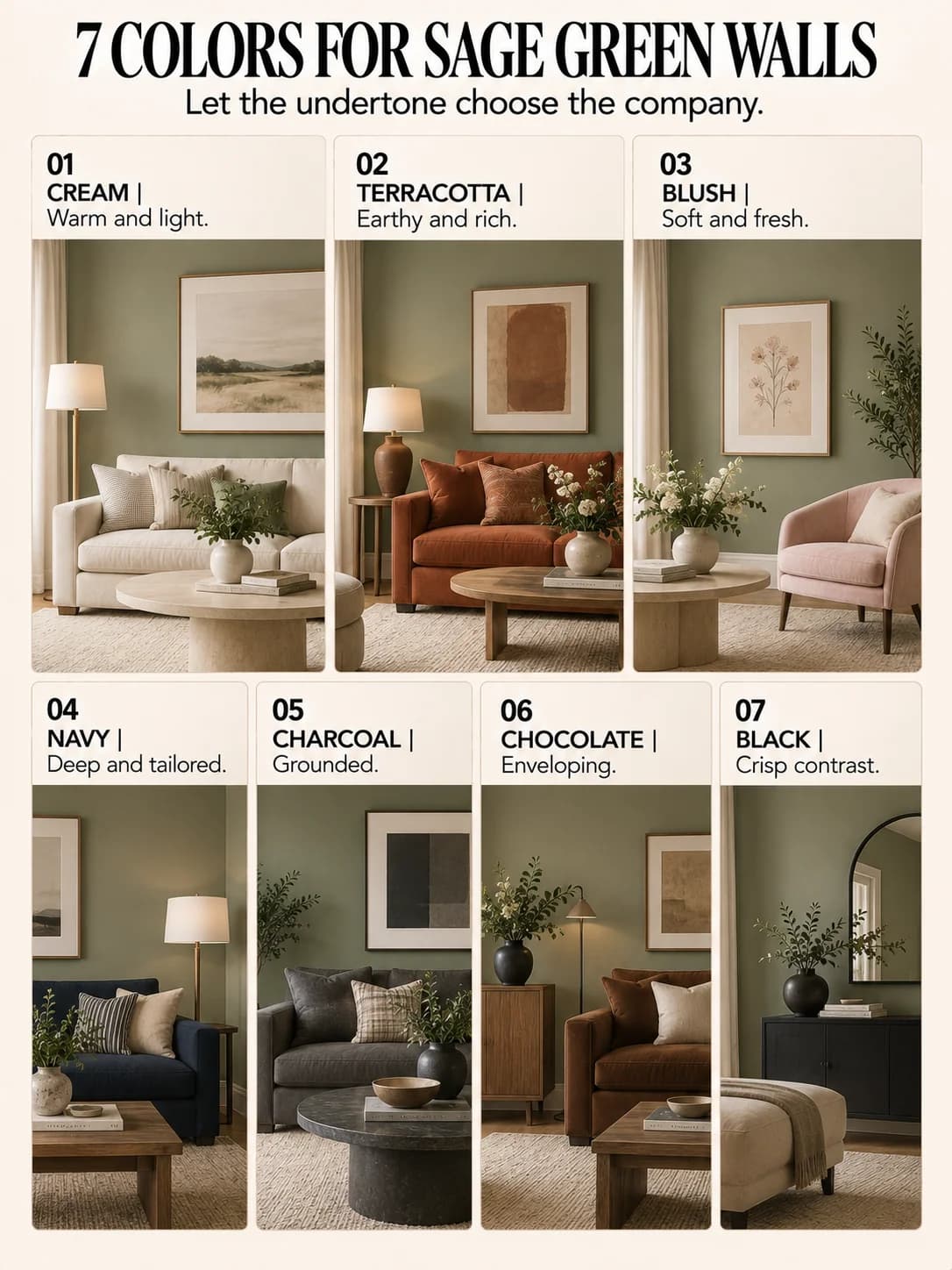 Educational guide titled 7 COLORS FOR SAGE GREEN WALLS