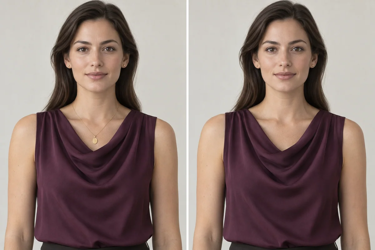 The same plum cowl blouse with a pendant overlapping the folds and with the necklace removed; small earrings stay unchanged.