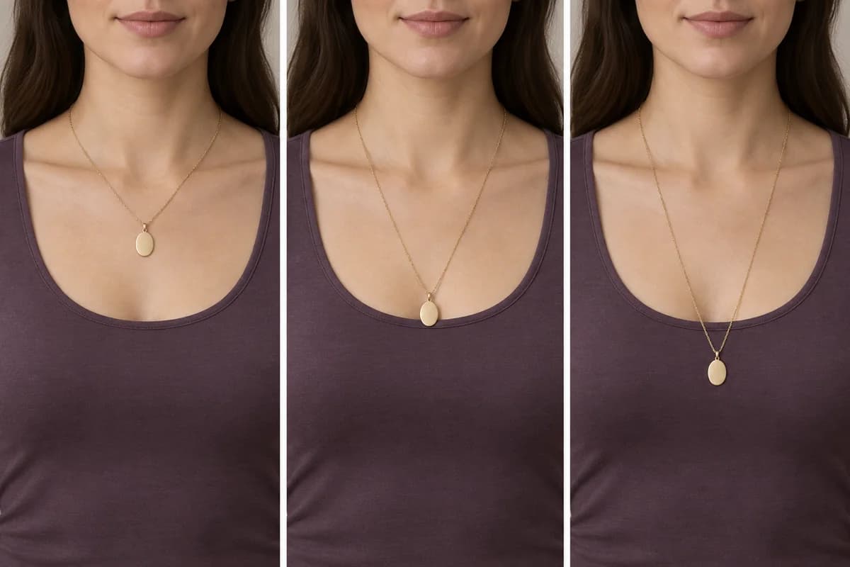 The same oval pendant sits above a scoop neckline, across its fabric edge, and lower over the top.