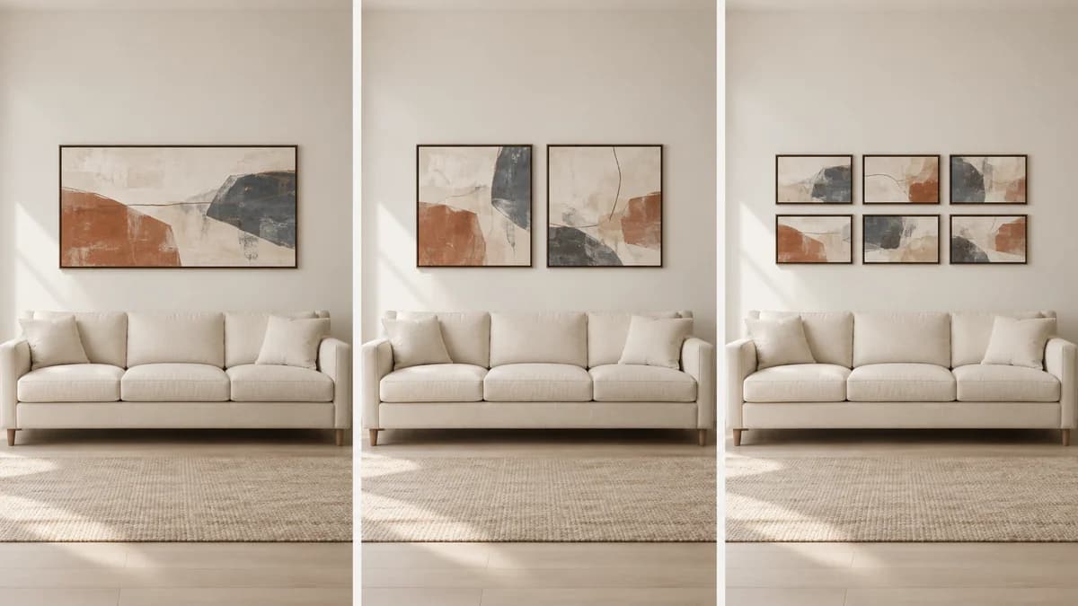 One large frame, two frames and a two-row gallery of six frames share the same overall width above the same sofa.