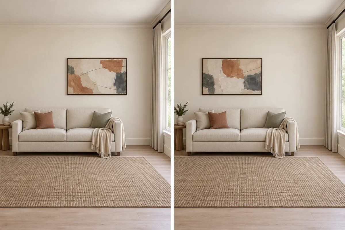 With the sofa fixed off-center on a wider wall, the same art shifts from the wall’s center to the sofa’s center, away from the nearby window.