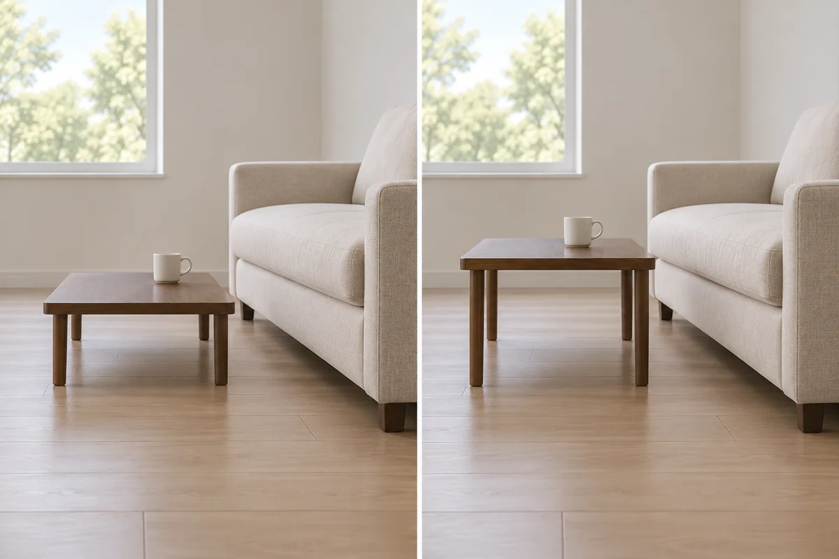 Side views compare a very low coffee table with the same footprint raised to just below the sofa’s seat cushions.