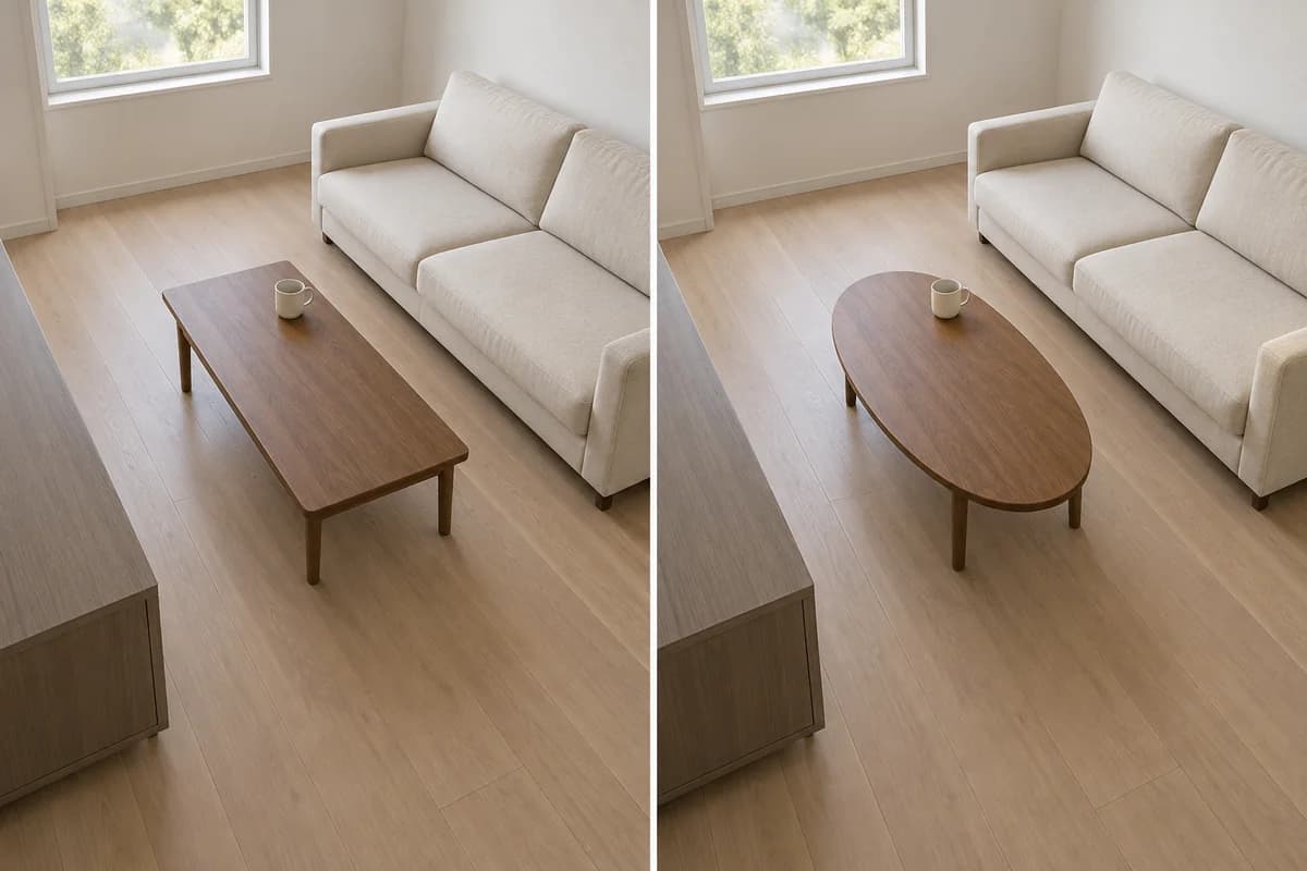 Rectangular and oval coffee tables have the same maximum dimensions; the oval exposes more floor at the corners while the middle passage stays the same.