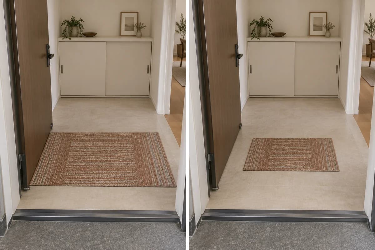 In the same landing, a wider mat near the threshold is compared with a smaller mat beyond the open door’s reach and before the cabinet.