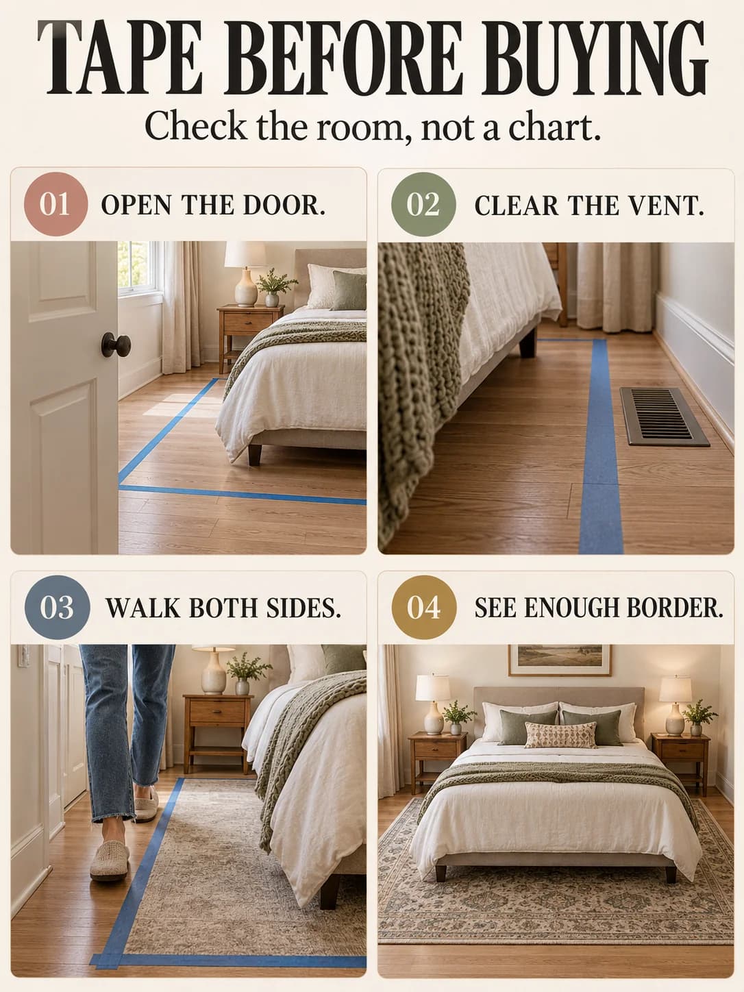 TAPE BEFORE BUYING guide for what size rug under bed
