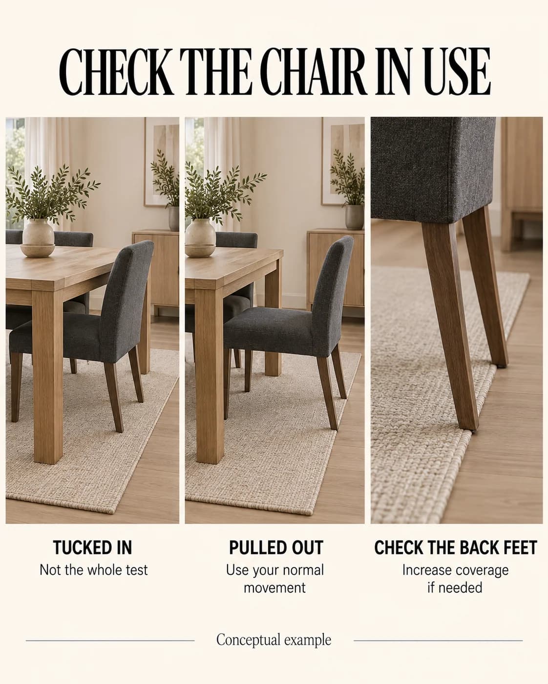 Same table and rug with a chair tucked in, pulled out and checked at the rear feet.