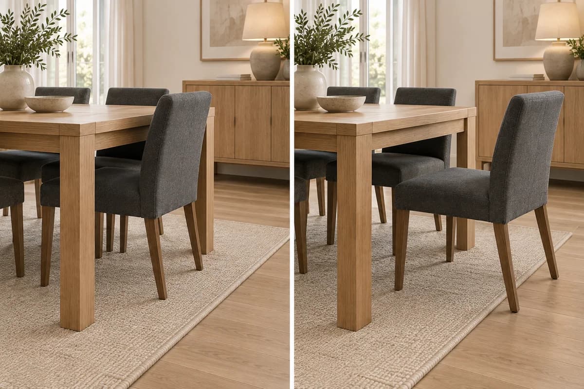 Identical dining setup with one chair tucked in, then pulled out beyond a small rug.