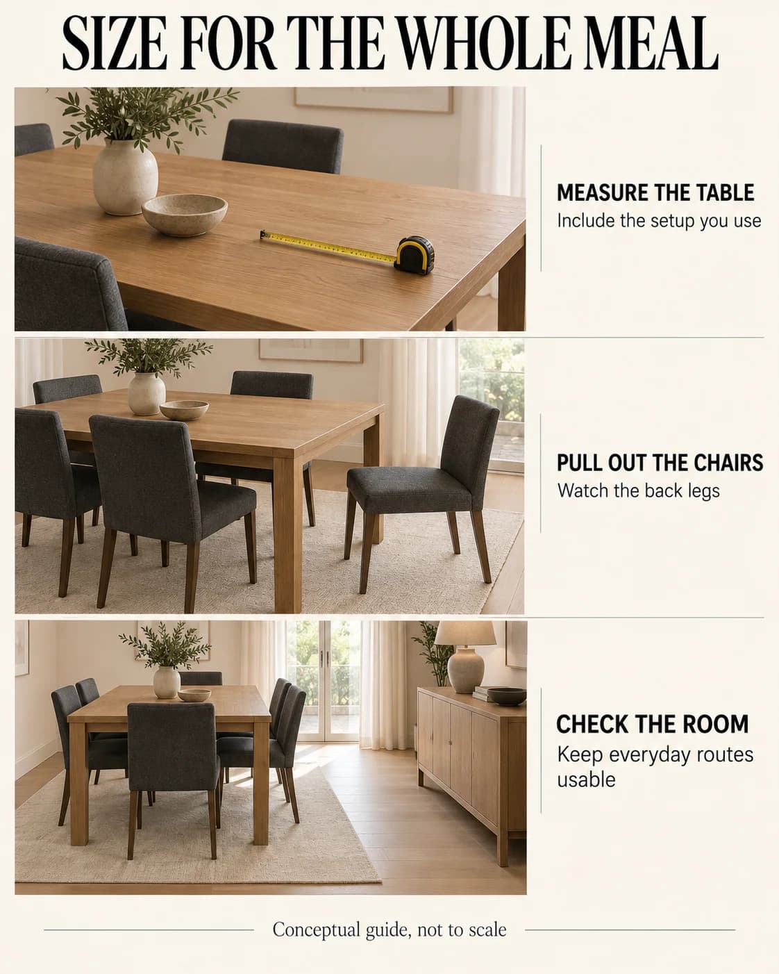 Measure the table, test a pulled-out chair and check the route around the dining area.