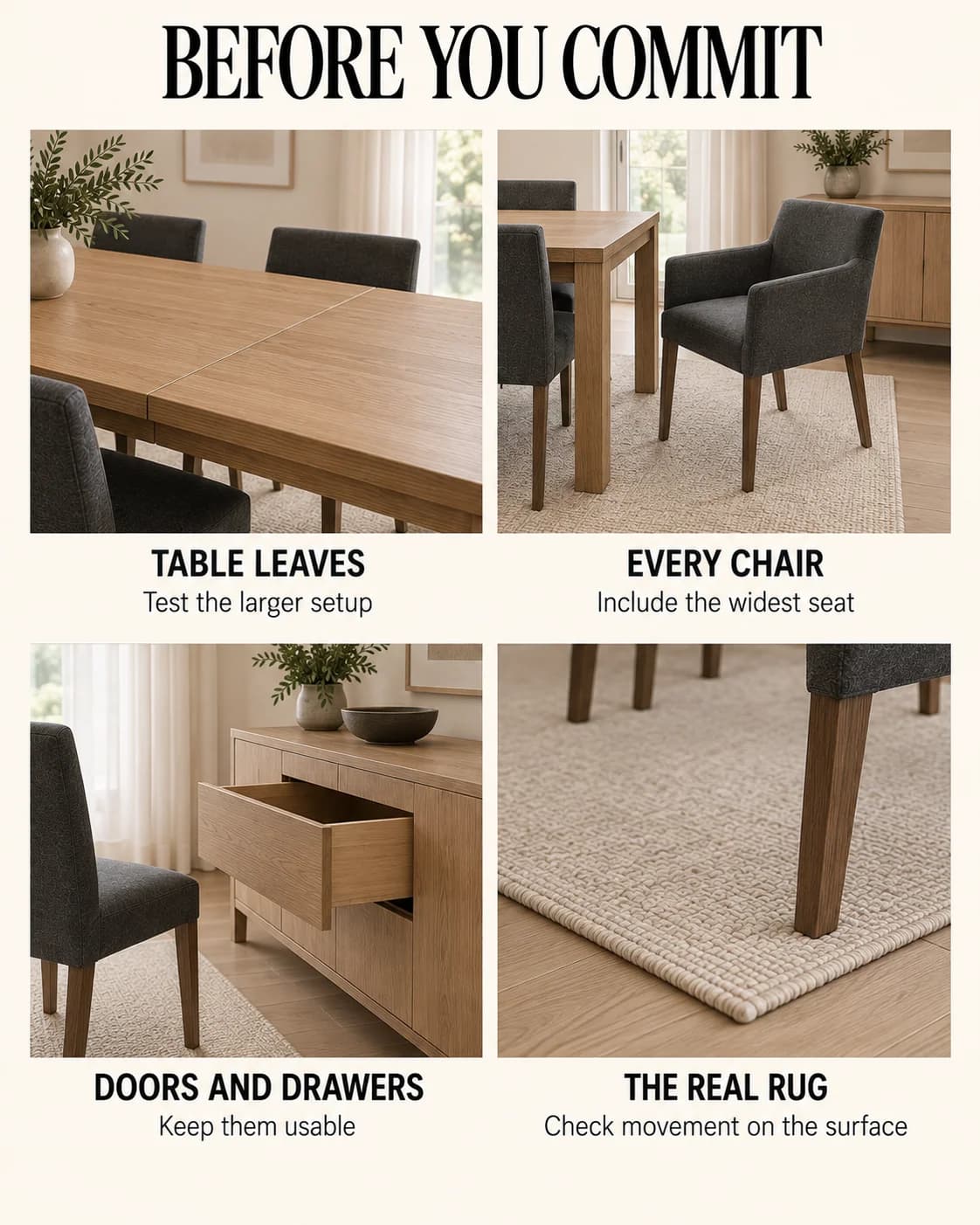 Table leaf, end chair, cabinet door and rug edge shown as four checks.