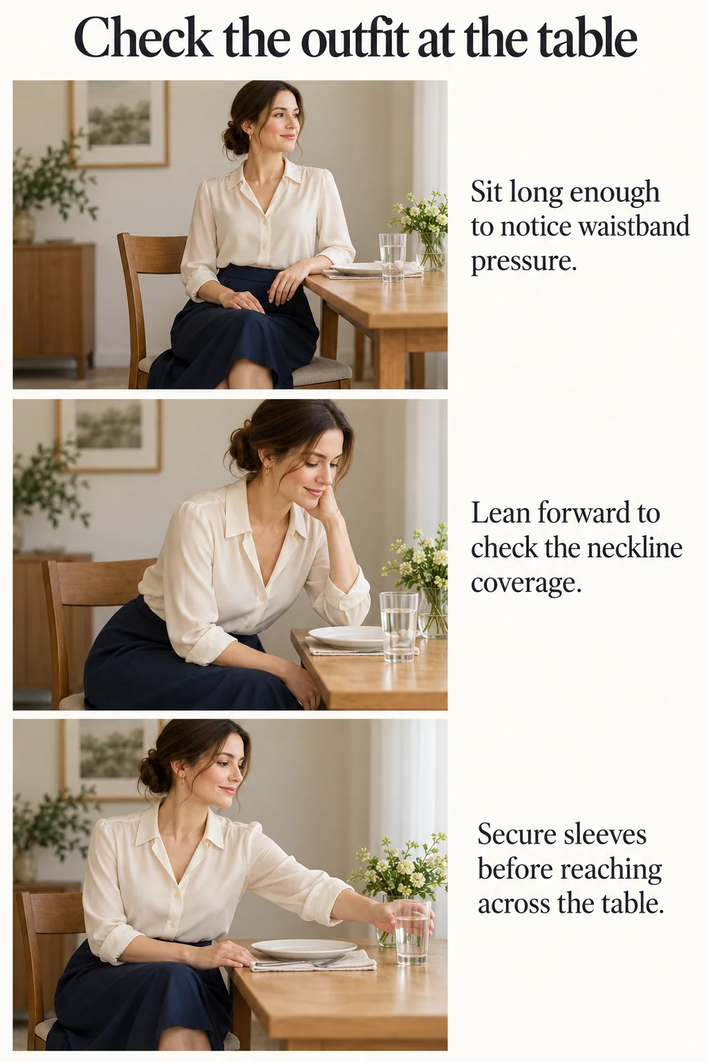 Seated waistband, neckline and sleeve checks show how to assess a dinner outfit during real movements.