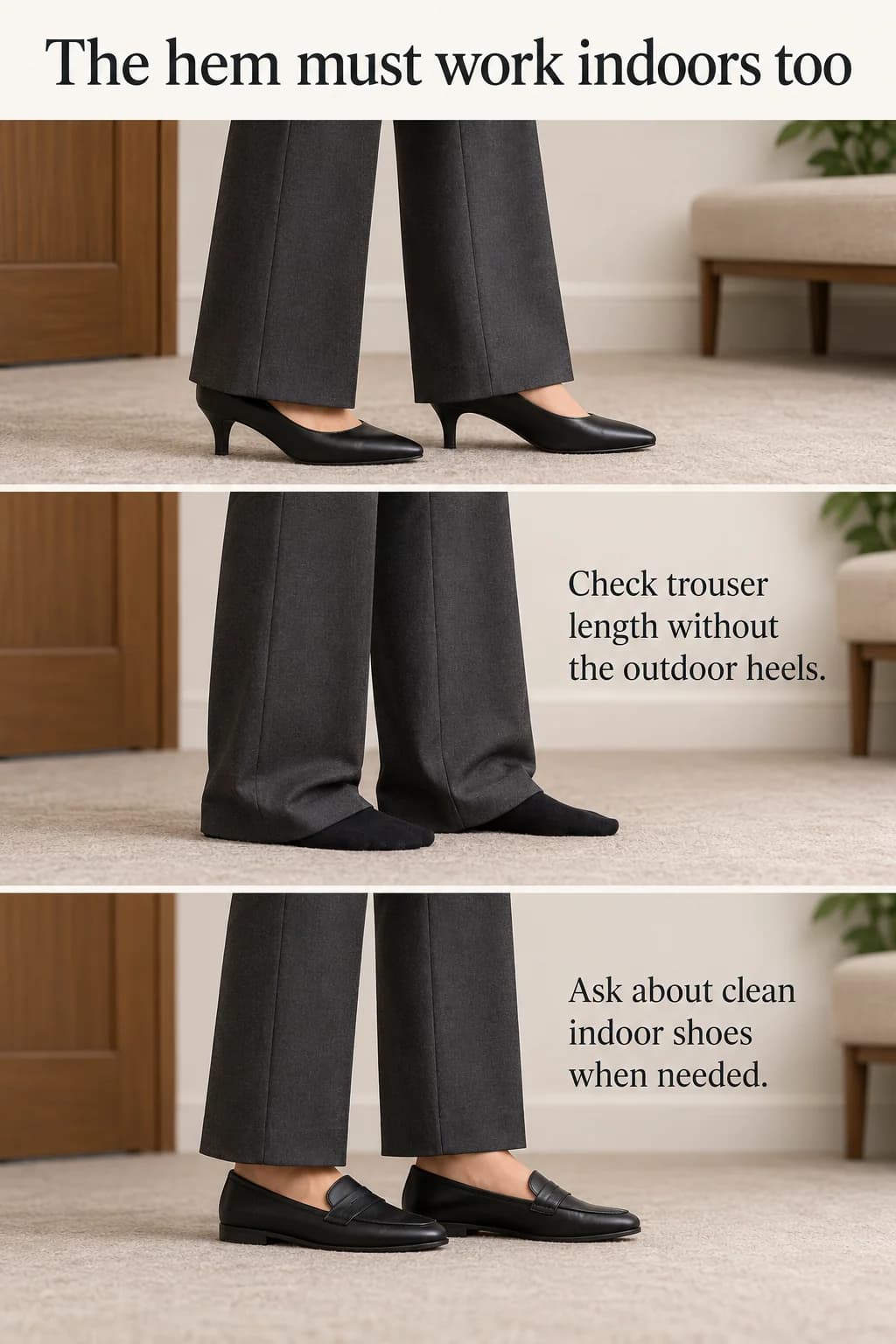 Trouser hems with outdoor heels and indoor footwear show why shoes-off homes require a separate length check.