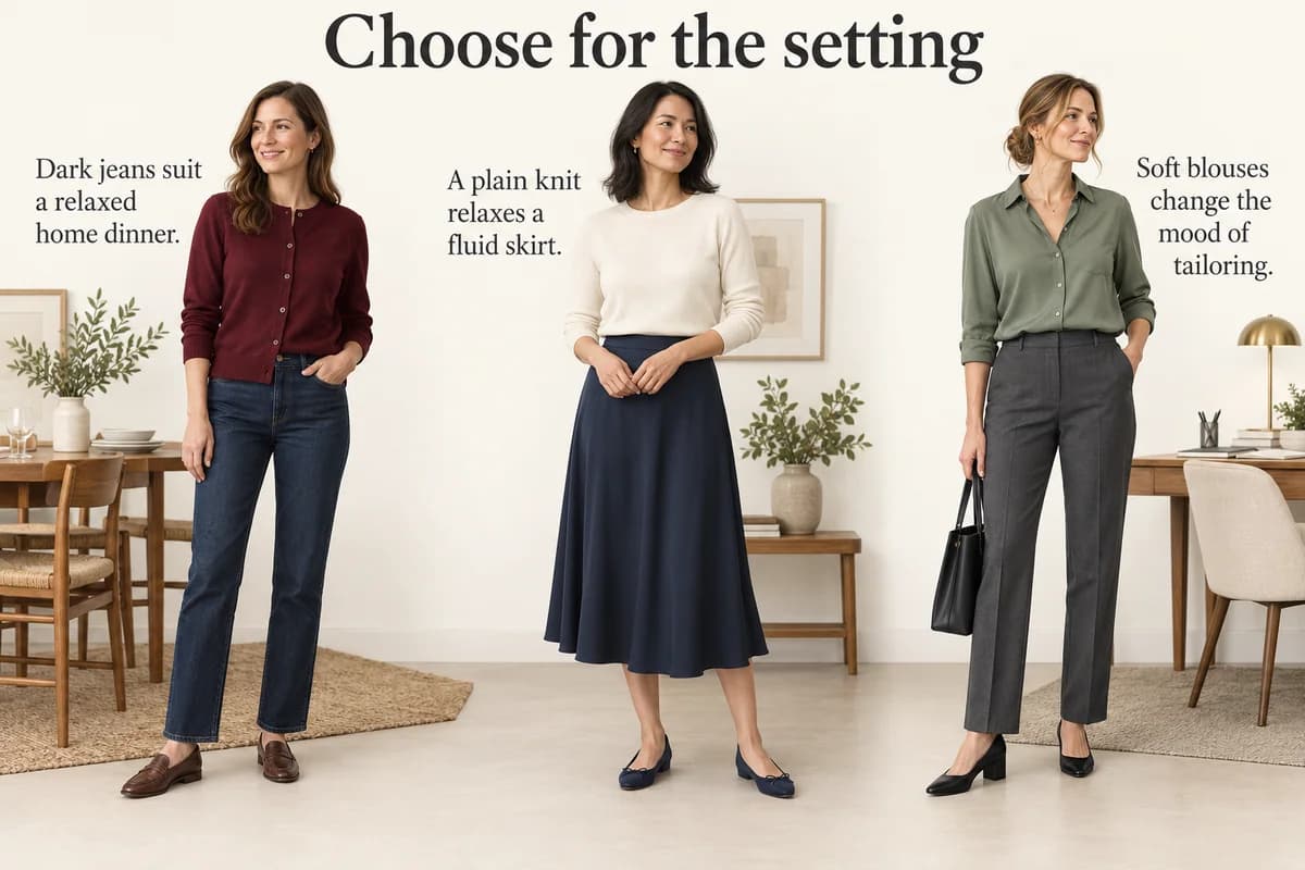 Jeans, skirt and trouser dinner outfits show distinct levels of casual dress with complete footwear choices.