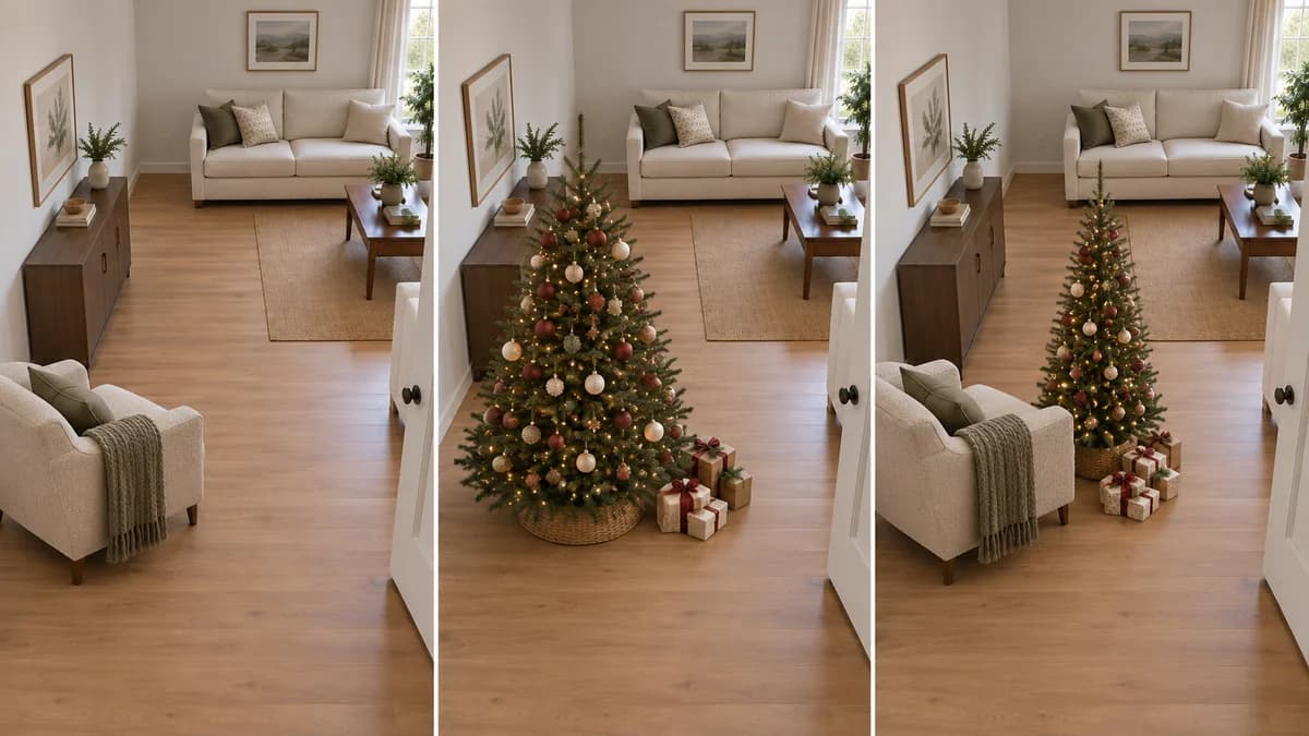 The same room before decorating, with a full tree replacing an occasional chair, and with a narrow tree that allows the chair to stay.
