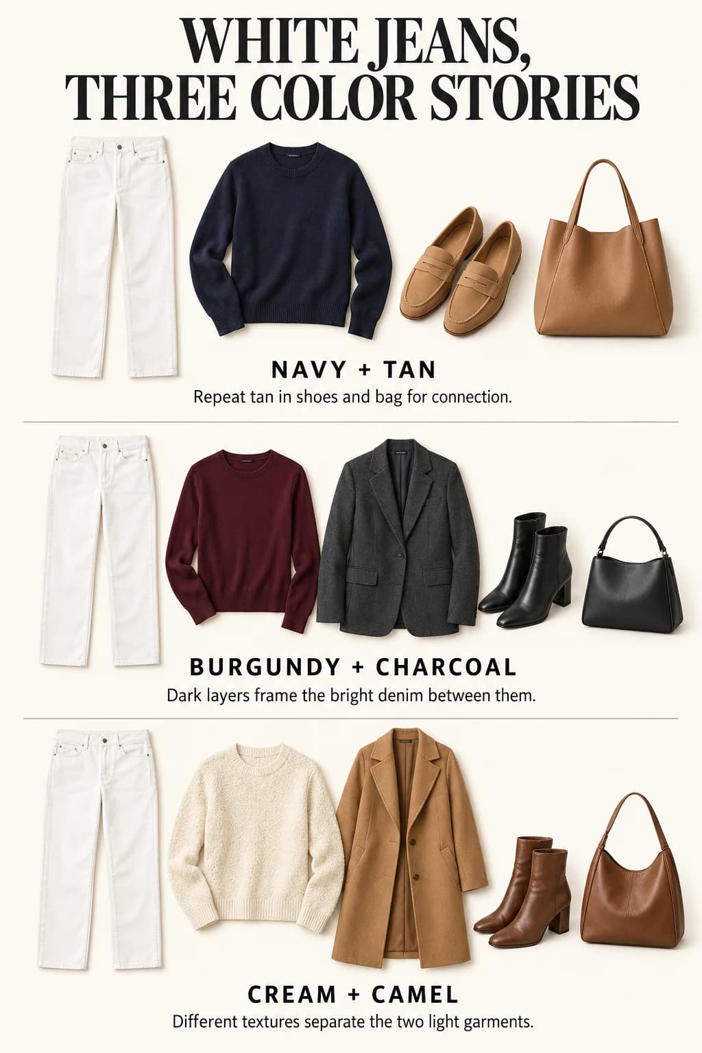 Identical white jeans anchor navy and tan, burgundy and charcoal, and cream and camel outfits, with captions explaining color repetition and texture.