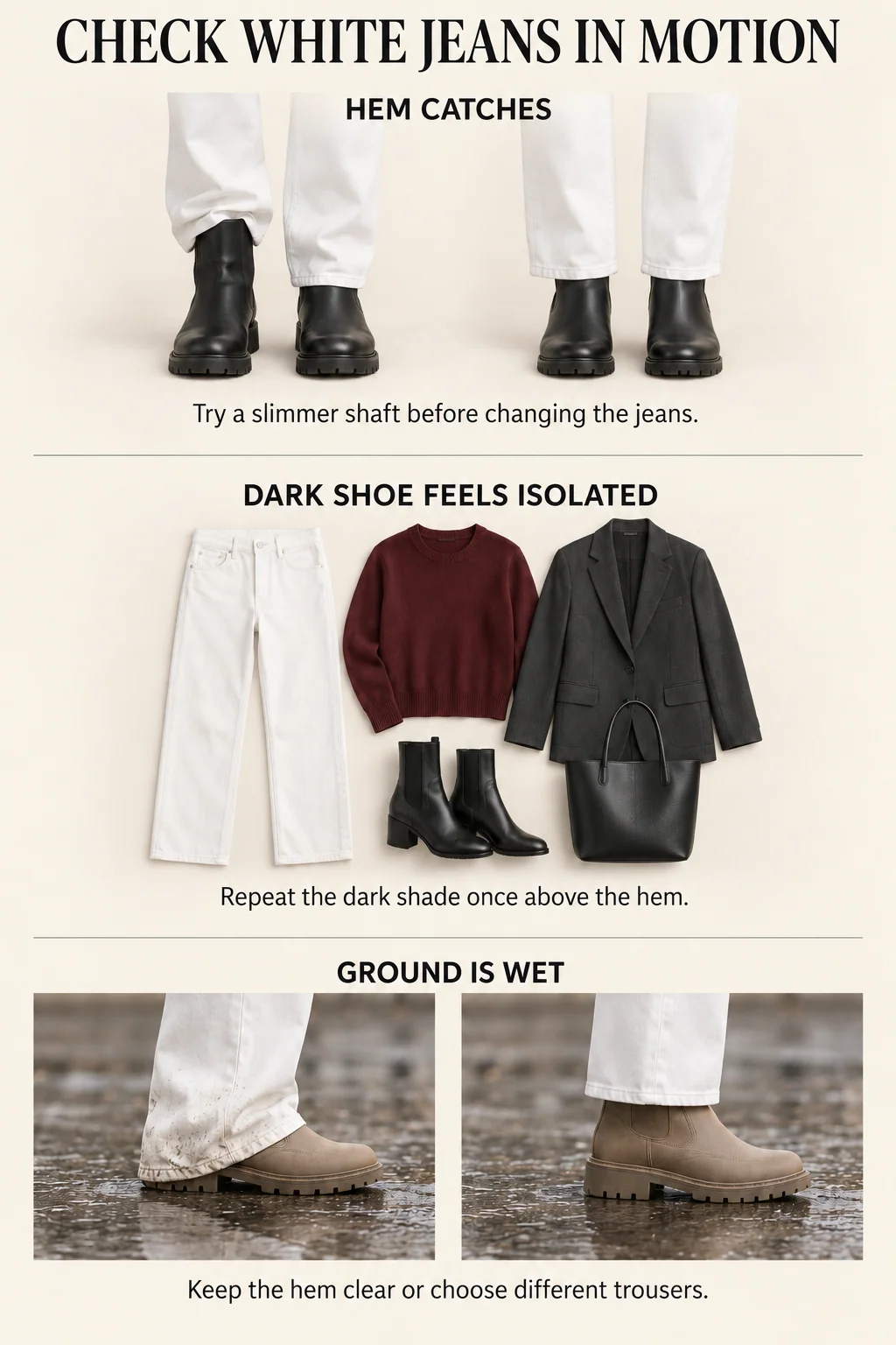 Comparisons show a catching hem versus a slimmer boot shaft, black shoes connected to a black bag, and a white hem kept off wet pavement.