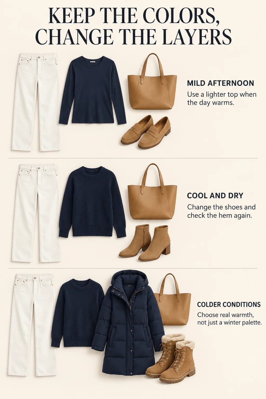 Three white-jean outfits retain navy and tan while changing from a light tee to sweater and coat; captions distinguish styling from weather protection.