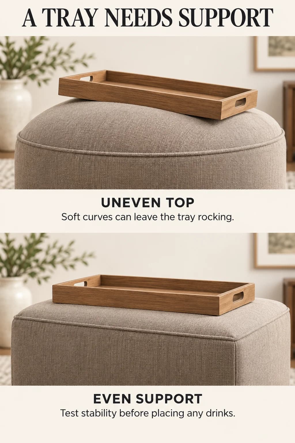 An empty tray rocks on a domed ottoman and sits level on an even supported top, illustrating the limit of adding a tray.