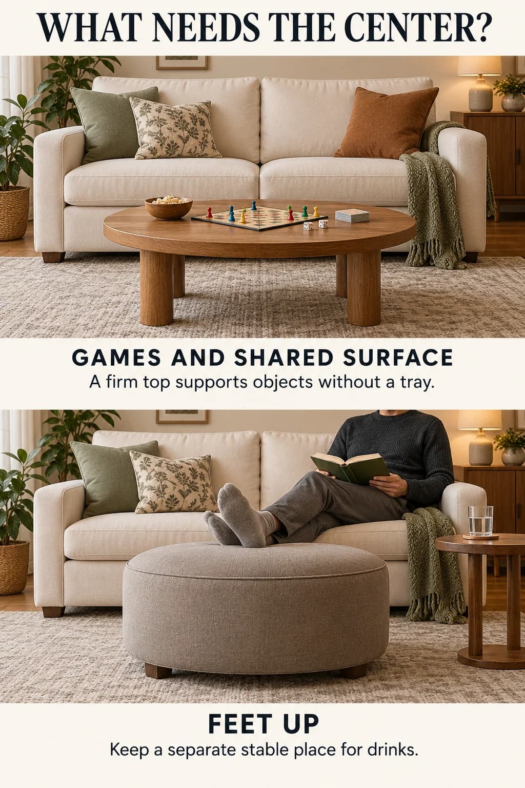 A coffee table supports a shared game, while an ottoman serves as a footrest with drinks on a separate side table.