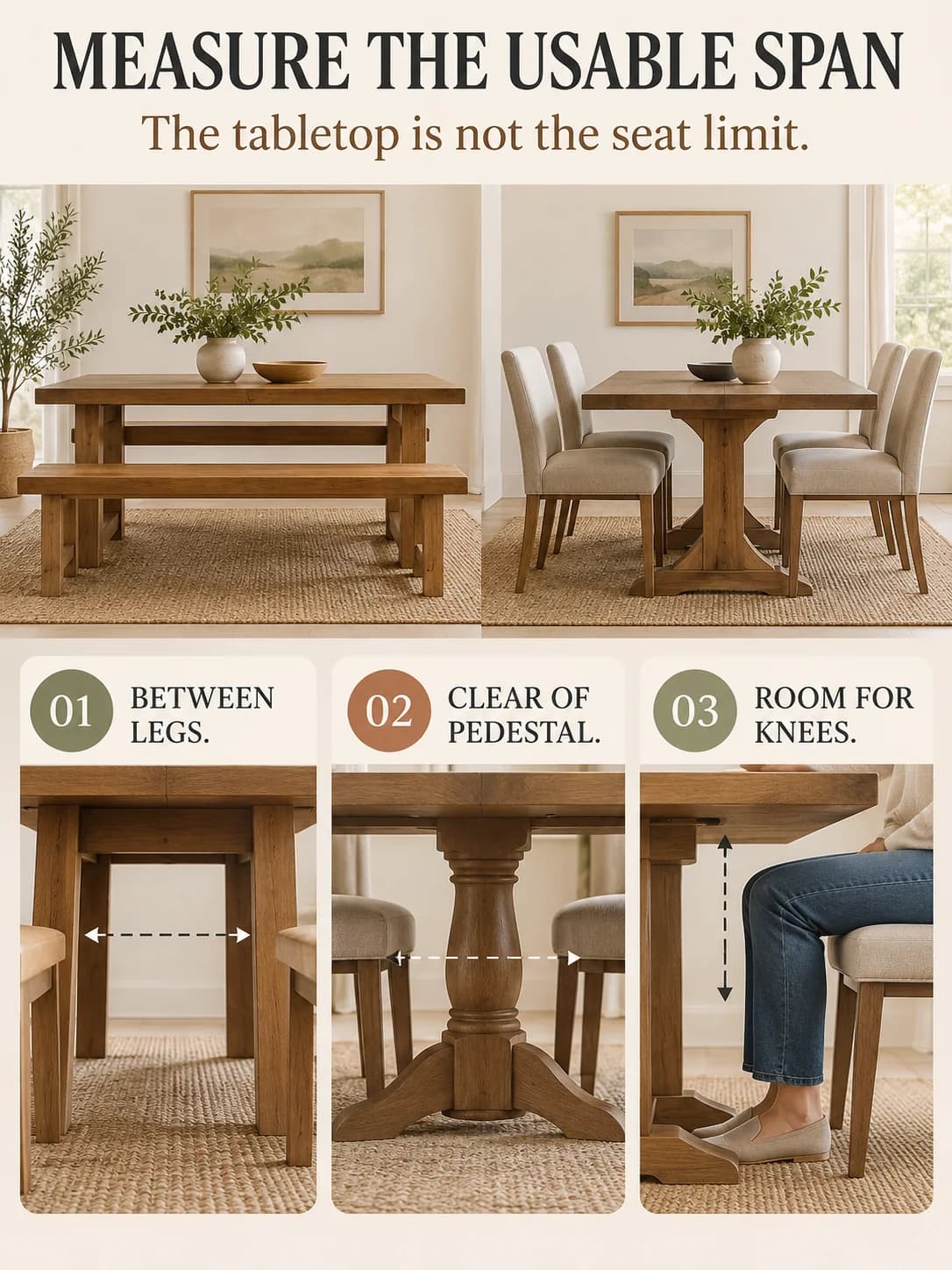 MEASURE THE USABLE SPAN guide for dining bench vs chairs
