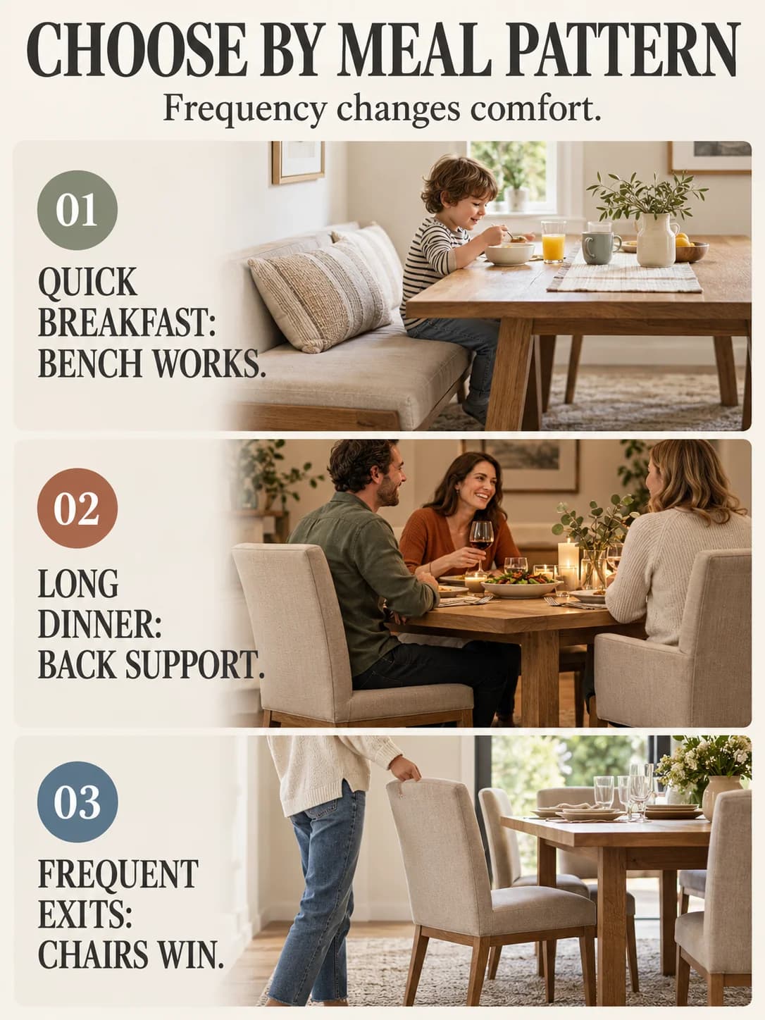 CHOOSE BY MEAL PATTERN guide for dining bench vs chairs