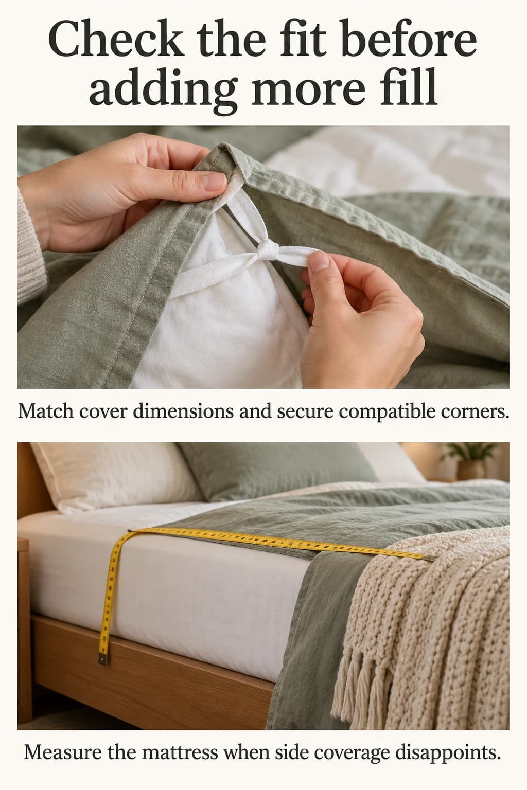 Corner attachments and a mattress-side coverage check distinguish insert shifting from an undersized bed covering.