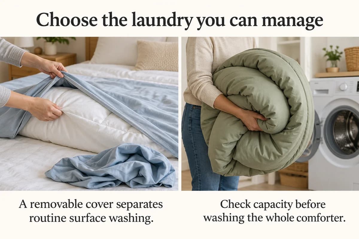 Removing a duvet cover and handling a whole comforter show different laundry tasks without assuming washer capacity.