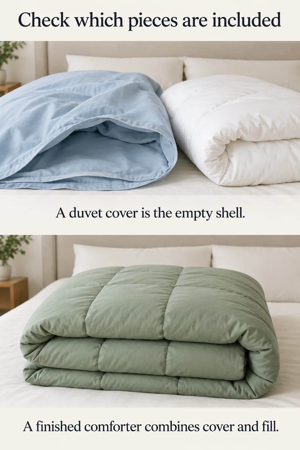Separate empty duvet cover and filled insert contrast with a finished one-piece comforter.