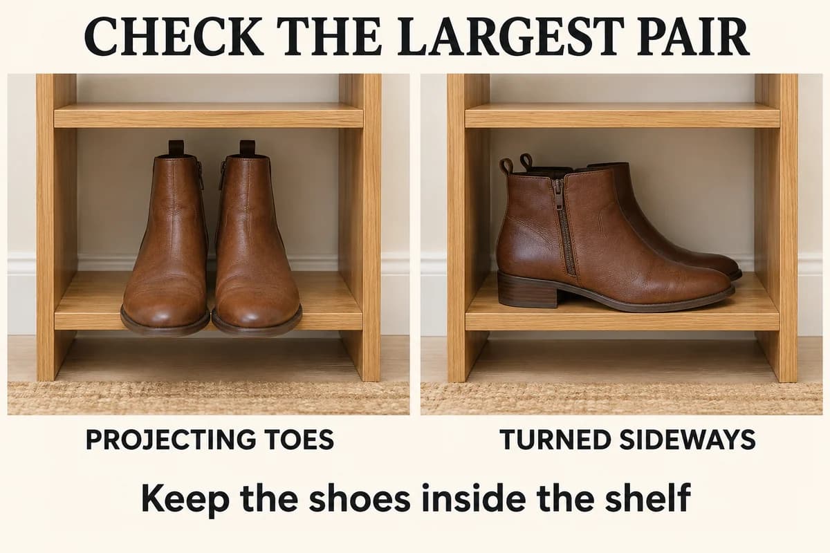 Long boots project past a shoe shelf when facing forward; the same pair turned sideways fits within it, showing why actual shoe depth matters.