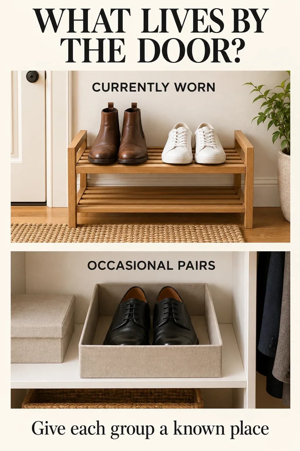 Everyday footwear near the door and occasional shoes on a separate closet shelf.