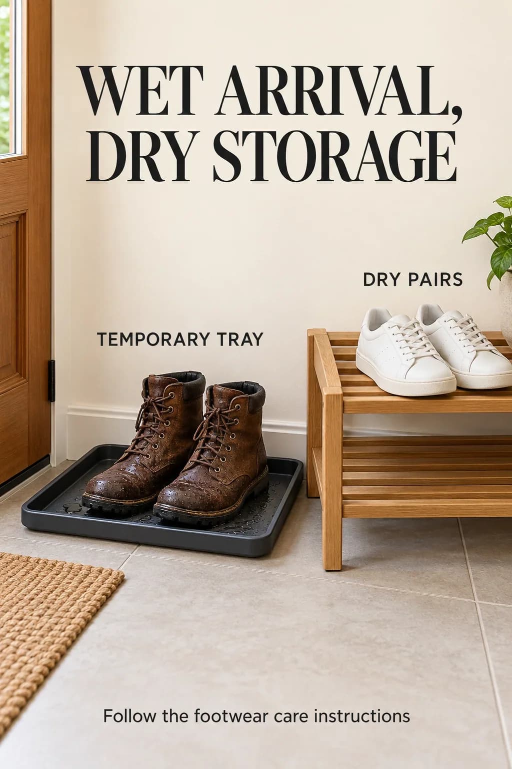Damp boots in a separate tray beside dry shoes on an open rack.