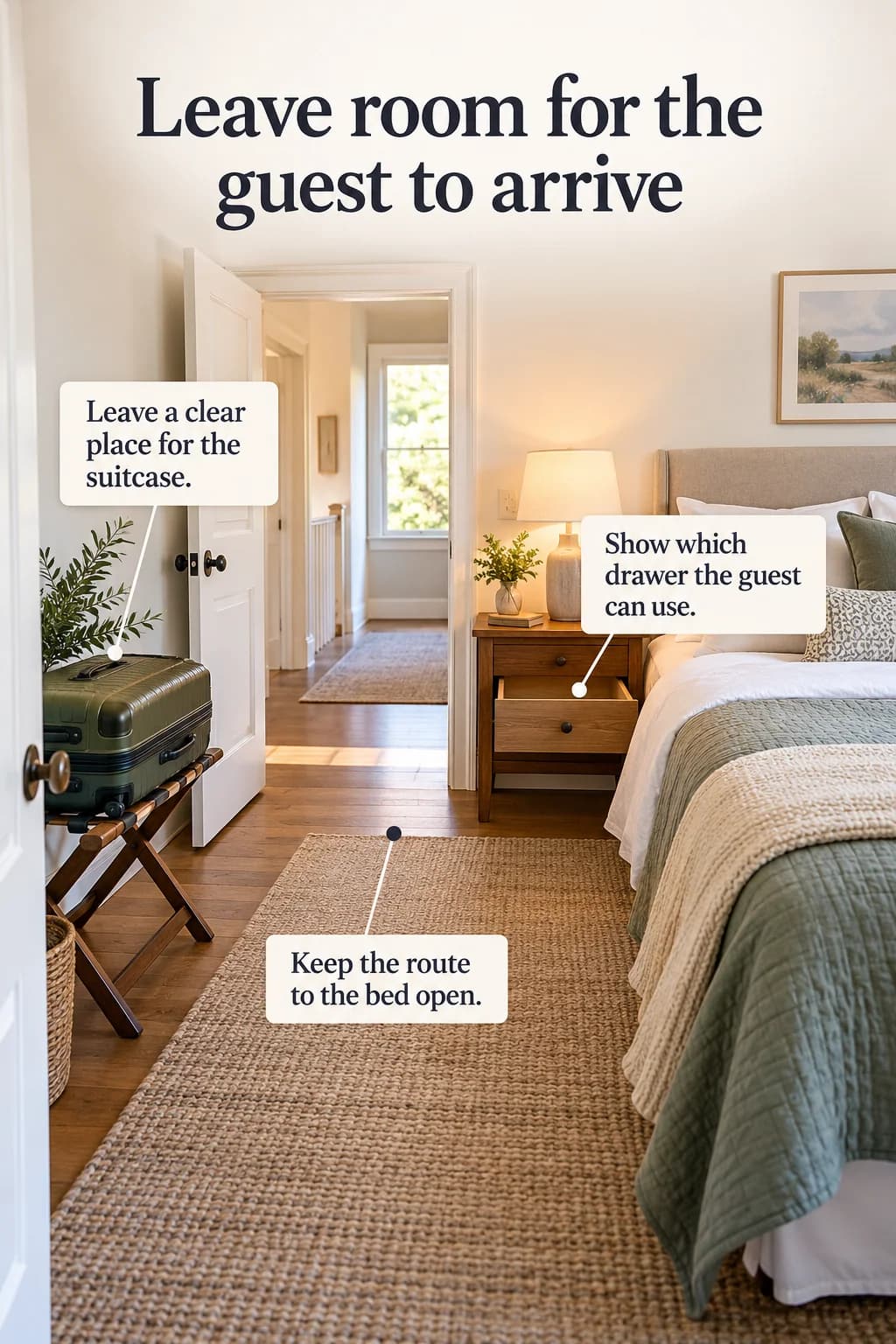 A guest room with suitcase space, available drawer and unobstructed route demonstrates practical arrival needs.