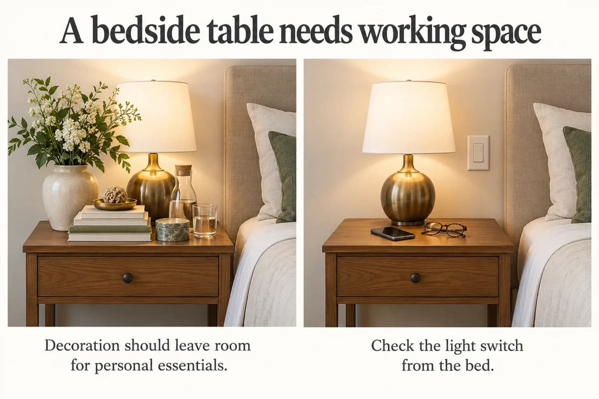 A crowded and cleared nightstand compare usable space for phone, glasses and access to a lamp switch.