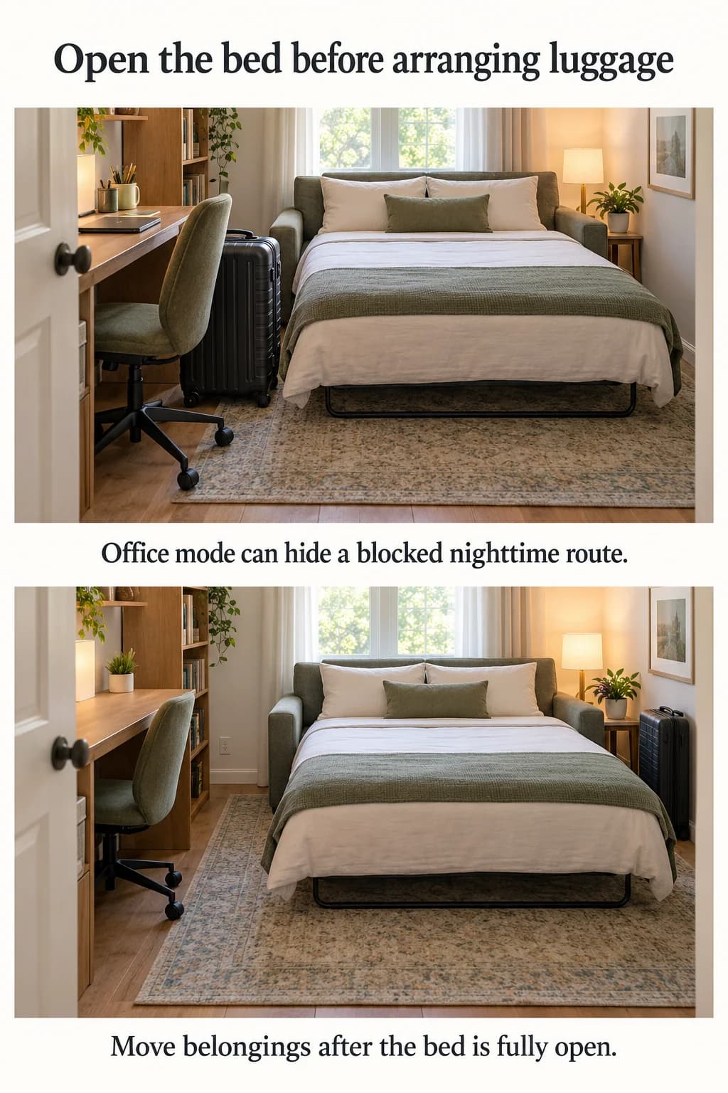 A shared office with sofa bed extended shows luggage and chair placement before and after clearing the nighttime route.