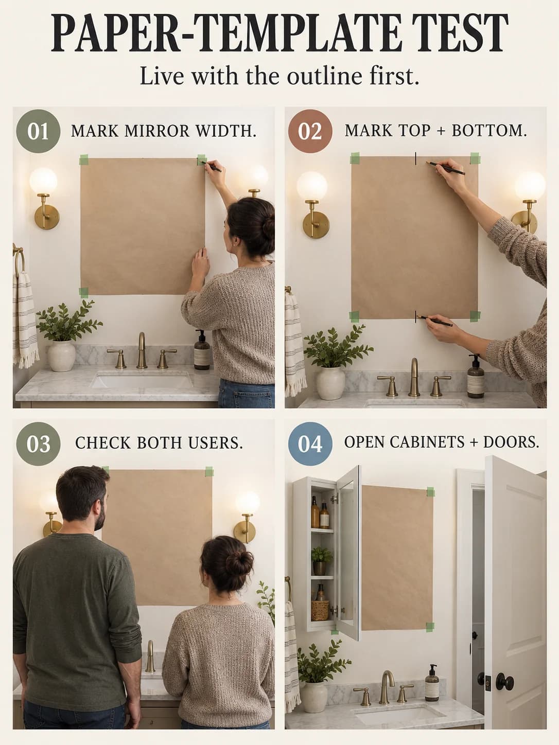 PAPER-TEMPLATE TEST guide for how high to hang a bathroom mirror