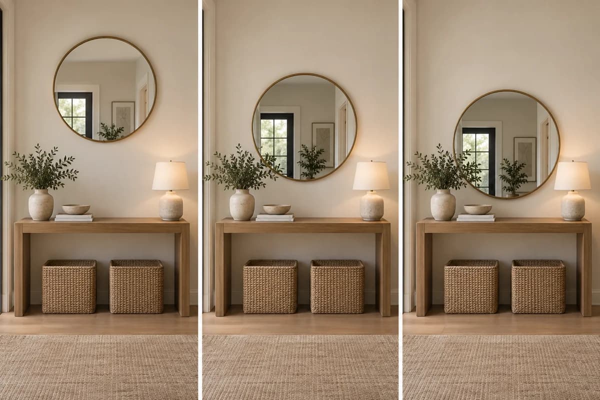 Controlled photographic comparison for how high to hang mirror over console table