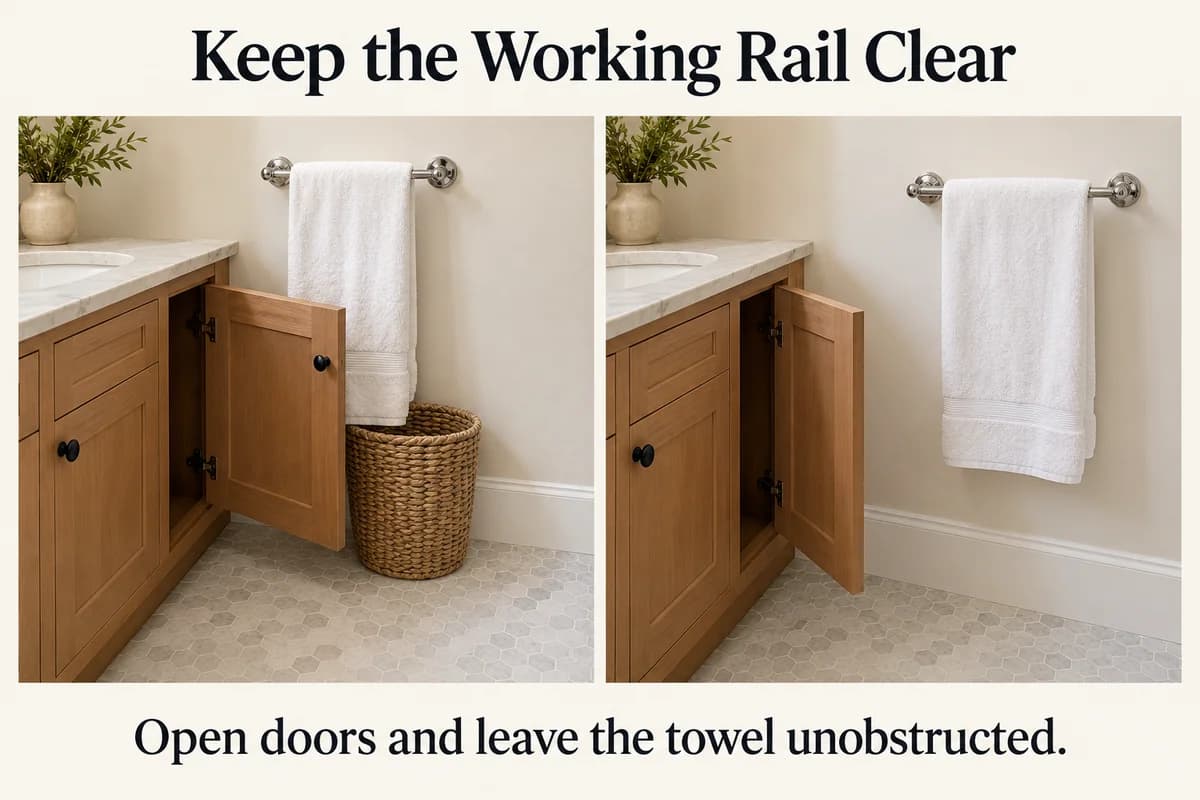 A bin and open vanity door crowd a hanging towel; moving the bar to clear wall space leaves both fabric and door unobstructed.