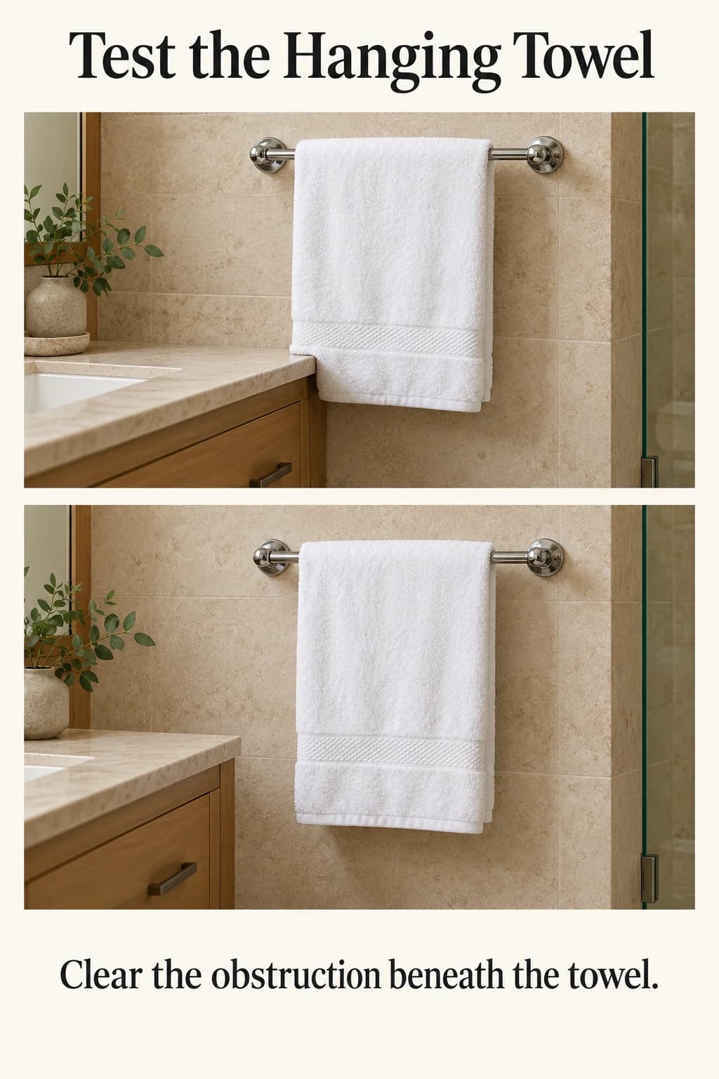 The same folded bath towel overlaps a vanity counter in one position and hangs freely when the bar moves to an open wall.