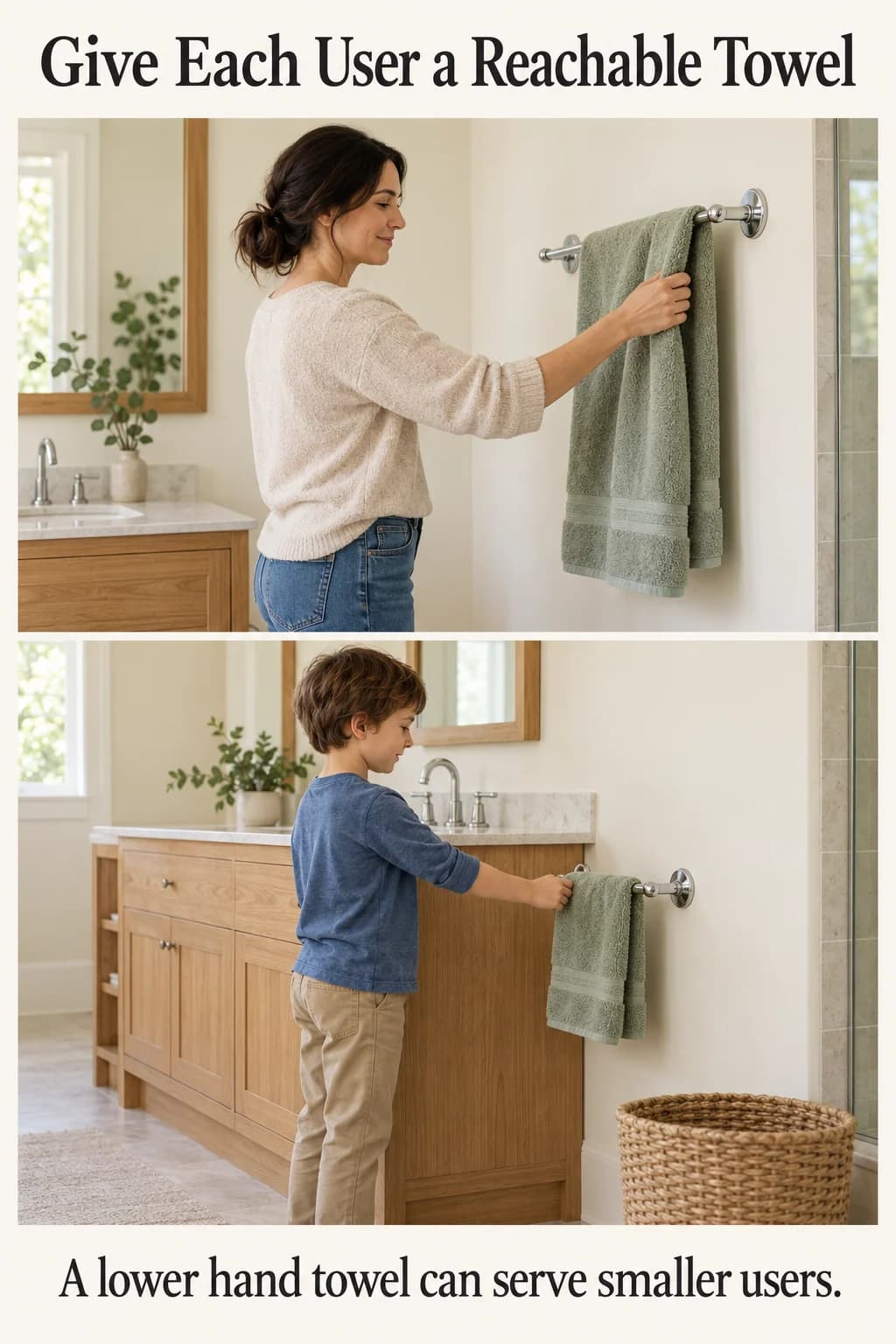 An adult reaches a bath towel comfortably, while a child uses a separate lower rail with a shorter hand towel clear of the floor.