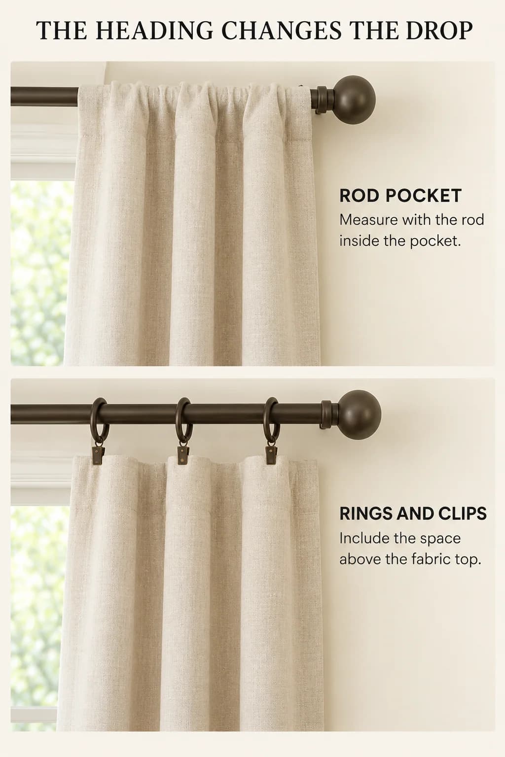 Close-ups compare cream fabric wrapped around a rod pocket with the same fabric suspended below separate rings and clips.