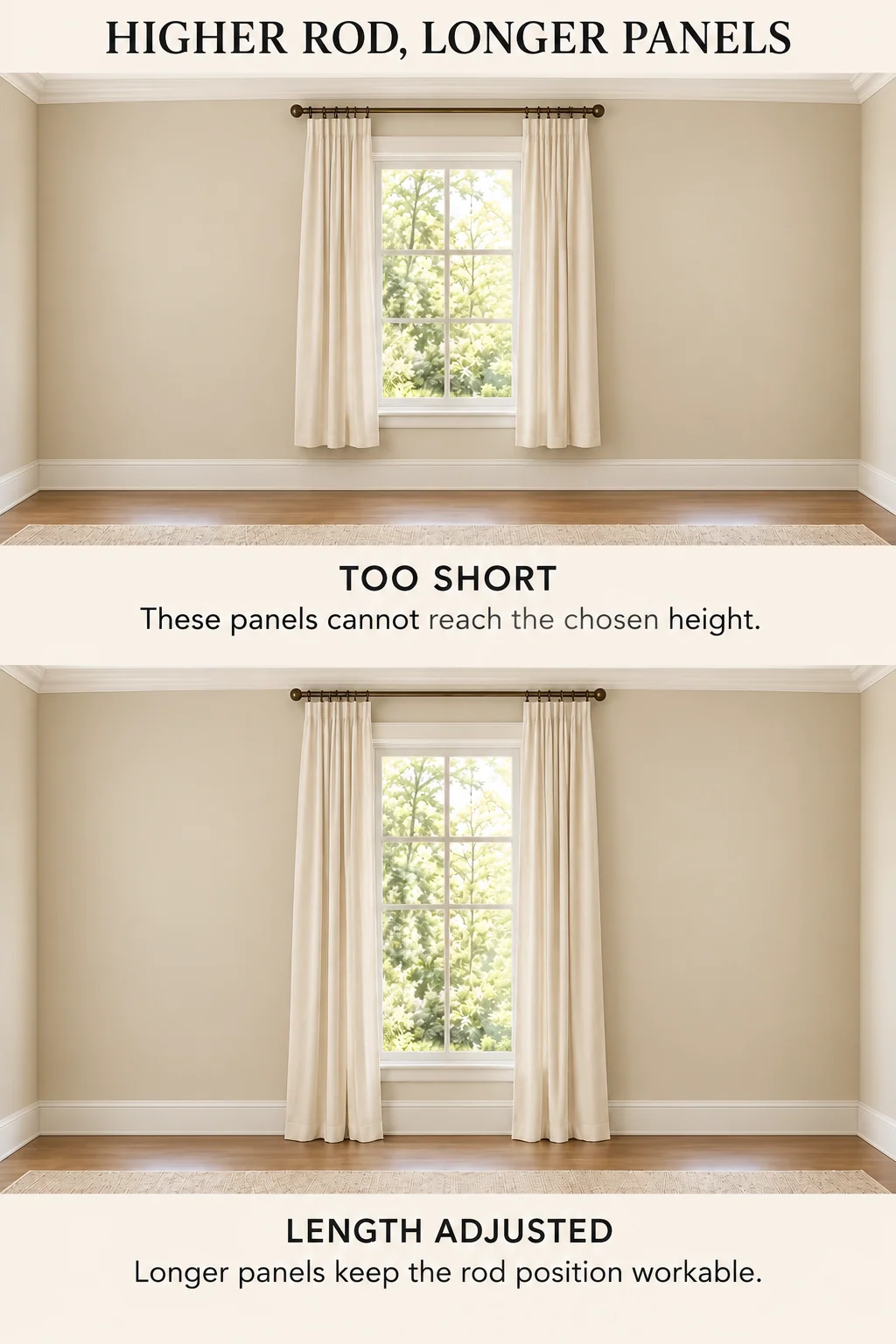 The same high curtain rod holds short floating panels above, then longer matching panels that nearly reach the floor below.