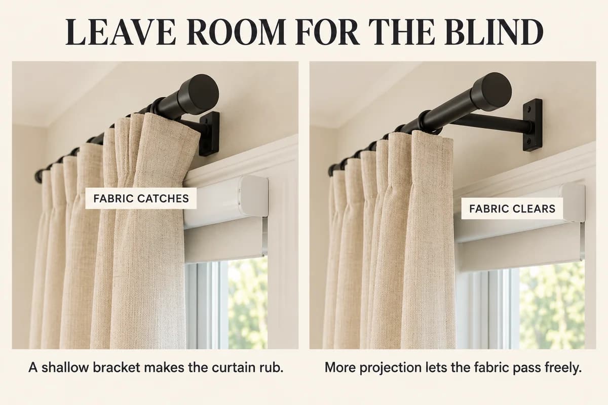 Side views show a curtain rubbing a projecting blind headrail, then hanging clear on a rod with greater wall projection.