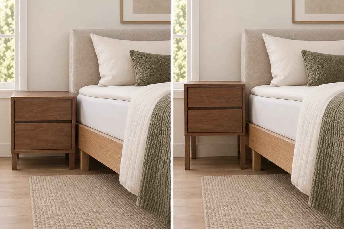 Same bed with a bedside surface near mattress height, then visibly higher.