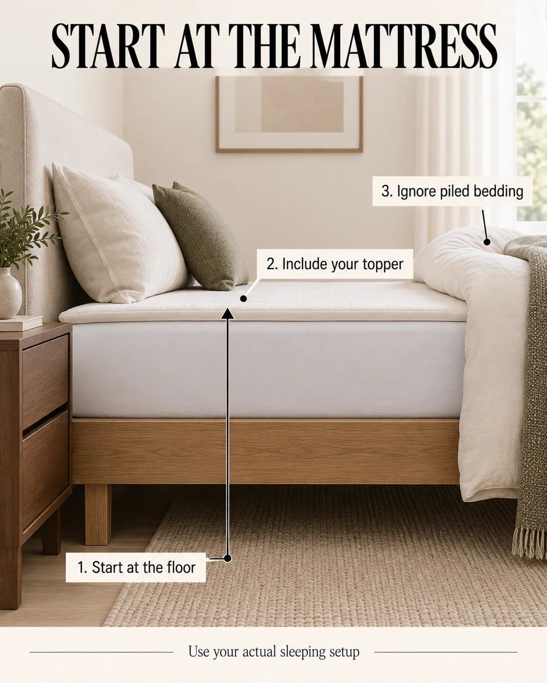 Floor, mattress and topper shown as the reference, not the headboard or duvet.